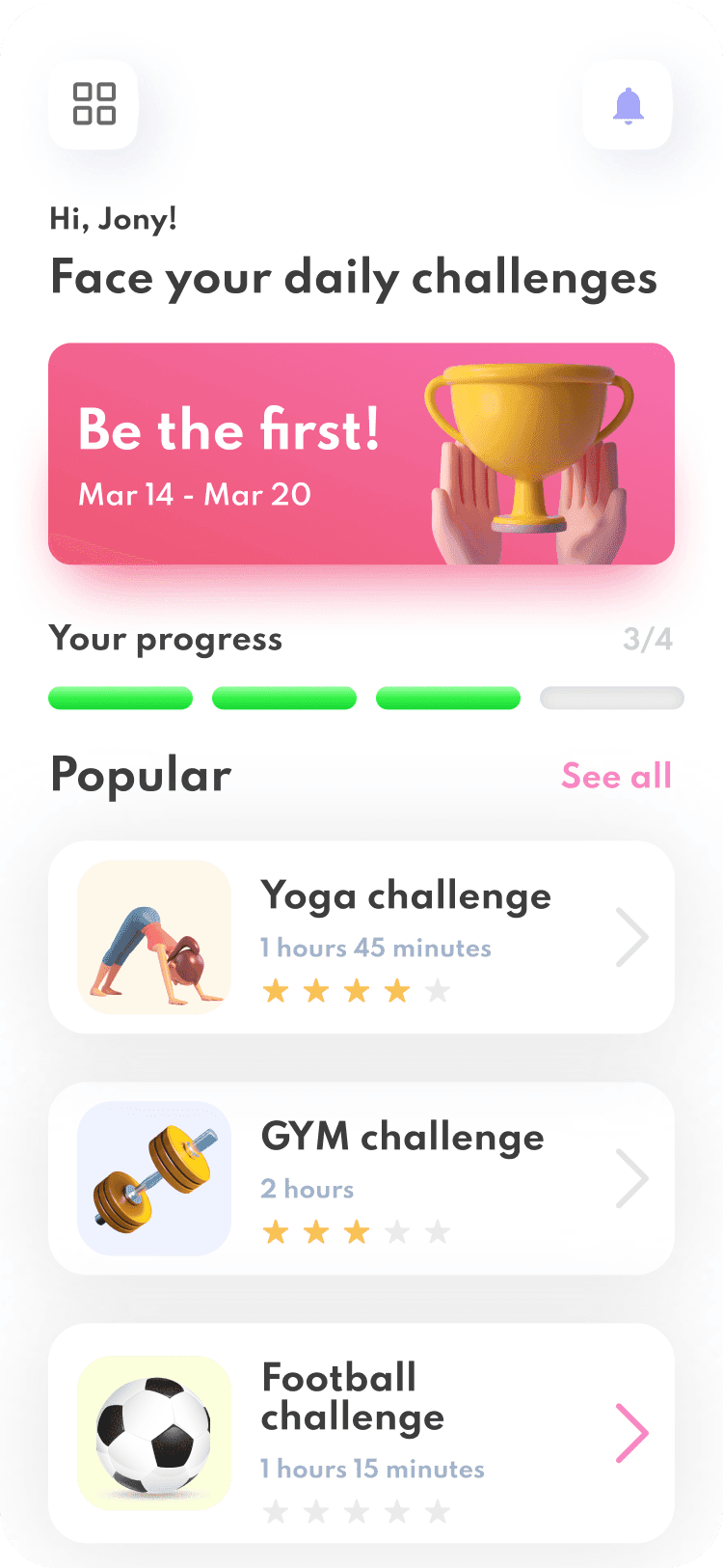 In-app yoga challenge progress design