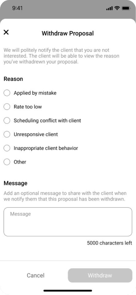 In-app withdraw proposal design prototype