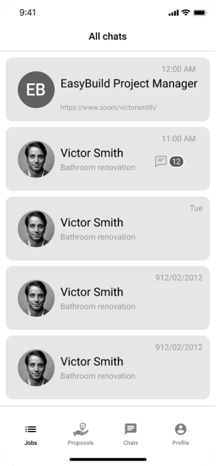 In-app chat list design prototype