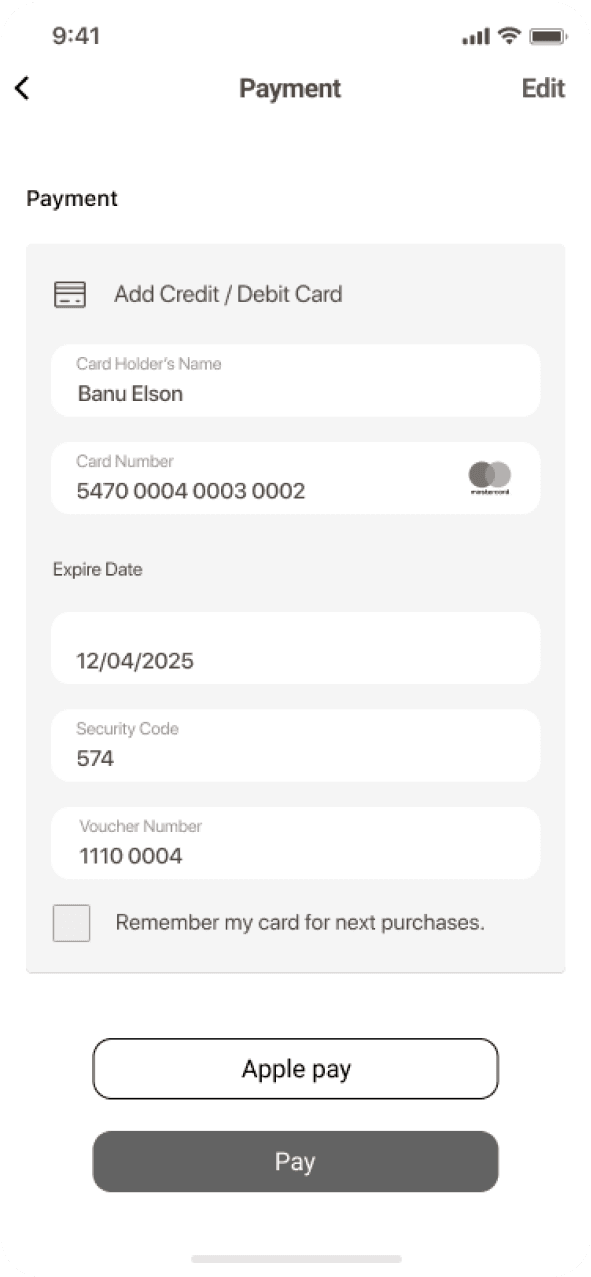 In-app payment design prototype
